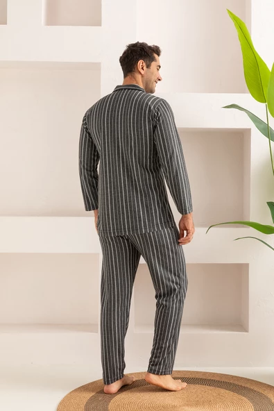 Erkek Jakarlı Düğmeli Pamuk Pijama Takımı- Çizgili Erkek Pijama - 9