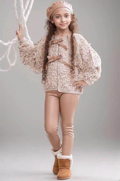 Kız Çocuk Sıfır Yaka Penye Kazak Yüksek Bel Deri Tayt Bej Kürk Detaylı Triko Ceket Alt Üst Takım - 5