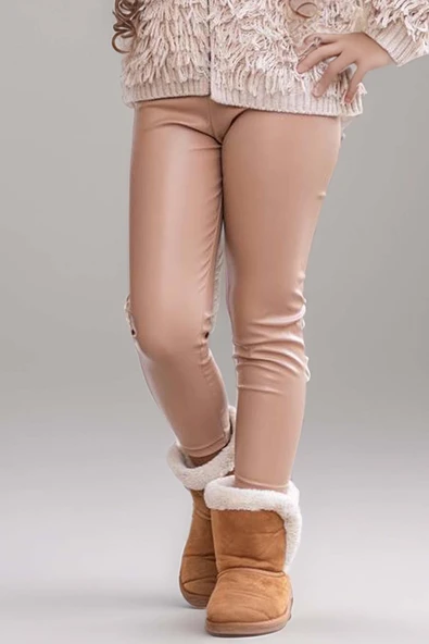 Kız Çocuk Sıfır Yaka Penye Kazak Yüksek Bel Deri Tayt Bej Kürk Detaylı Triko Ceket Alt Üst Takım - 7