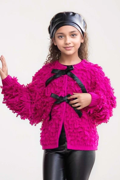 Kız Çocuk Sıfır Yaka Penye Kazak Yüksek Bel Deri Tayt Fuşya Kürk Detaylı Triko Ceket Alt Üst Takım - 6