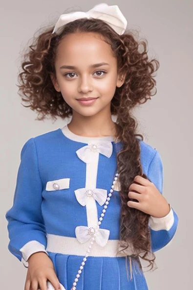 Kız Çocuk Beli Şerit ve Göğsü Fiyonk Detaylı Eteği Piliseli Mavi Şifon Elbise - Resim 4