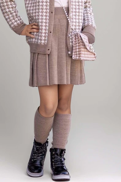 Kız Çocuk Kolları ve Yakası İnci Detaylı Bluz Kazayağı Desenli Triko Ceket Gri Etekli Takım - Resim 7