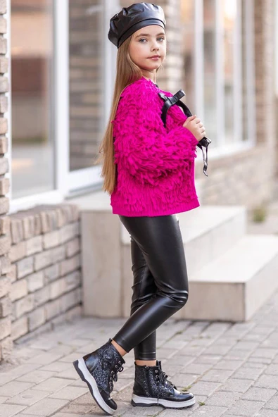 Kız Çocuk Sıfır Yaka Penye Kazak Yüksek Bel Deri Tayt Fuşya Kürk Detaylı Triko Ceket Alt Üst Takım - 3