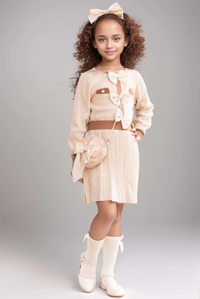Kız Çocuk Beli Şerit ve Göğsü Fiyonk Detaylı Eteği Piliseli Krem Şifon Elbise - Resim 5
