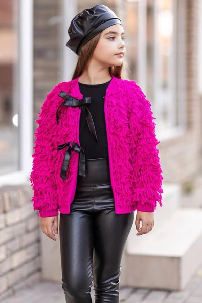 Kız Çocuk Sıfır Yaka Penye Kazak Yüksek Bel Deri Tayt Fuşya Kürk Detaylı Triko Ceket Alt Üst Takım - 4