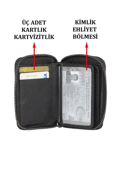 Hakiki Deri Fermuarlı Siyah Kartlık Cüzdan - 5