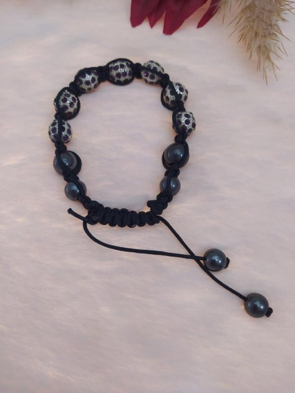 Hdmarketim Sıralı Swarovski Siyah Mor Taşlı Örgü Bileklik Ayarlanabilir - 3