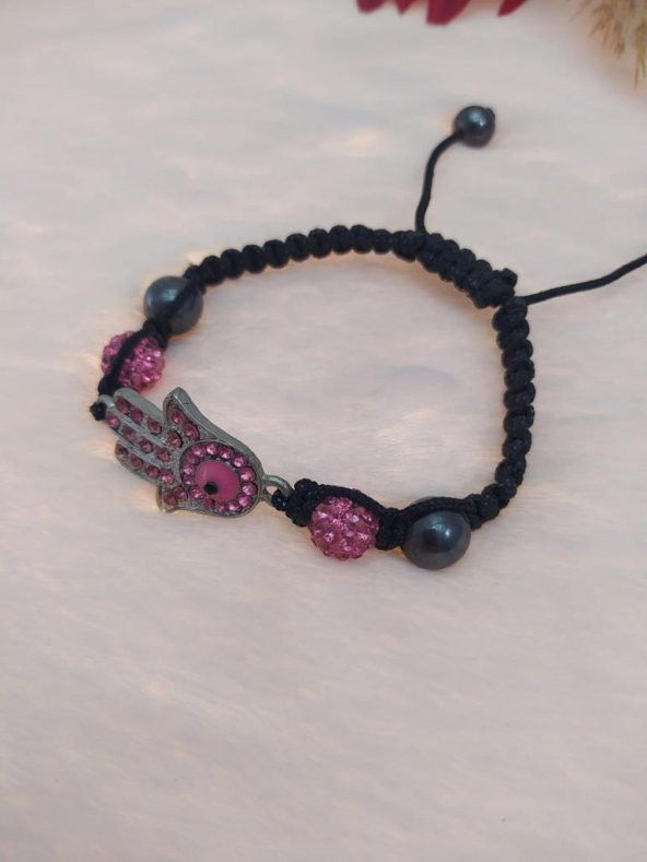 Hdmarketim Sıralı Swarovski Siyah Pembe Taşlı Örgü Bileklik Ayarlanabilir - 2