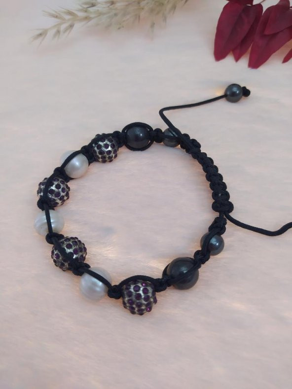 Hdmarketim Sıralı Siyah Taşlı Ve İncili Örgü Bileklik Ayarlanabilir - 2