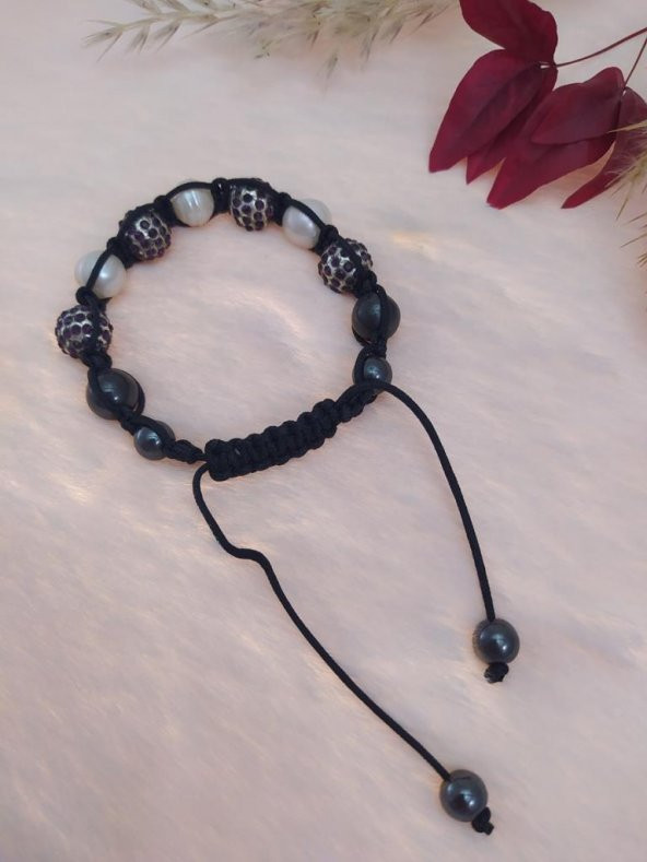 Hdmarketim Sıralı Siyah Taşlı Ve İncili Örgü Bileklik Ayarlanabilir - 3