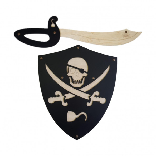 Ahşap Oyuncak Seti Korsan Kalkanı ve Kılıcı Siyah