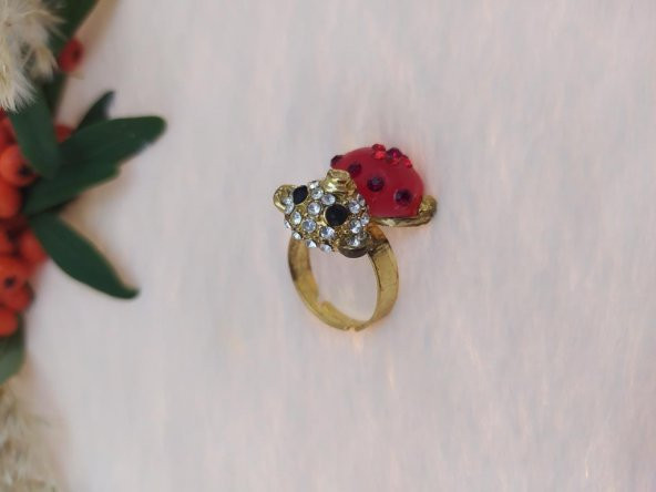 Rose Renk Fare Figürlü Yüzük Kırmızı Kristalli Ayarlanabilir Çocuk Yüzük - 2