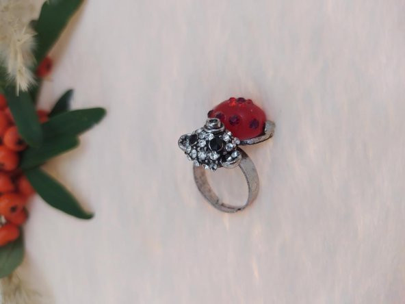 Gümüş Fare Figürlü Yüzük Kırmızı Kristalli Ayarlanabilir Çocuk Yüzük - 2