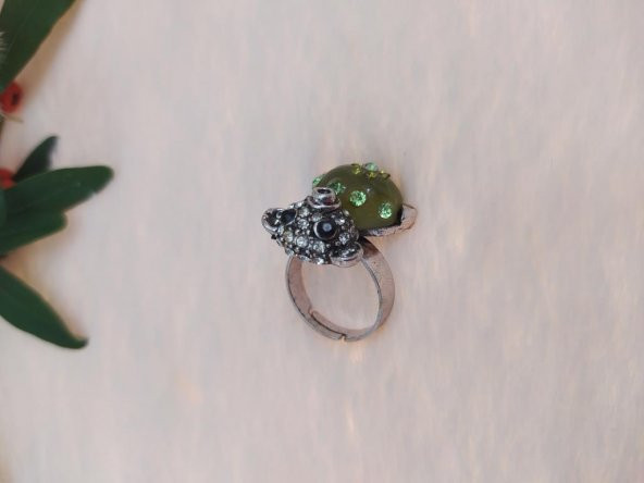 Gümüş Renk Fare Figürlü Yüzük Yeşil Kristalli Ayarlanabilir Çocuk Yüzük - 2