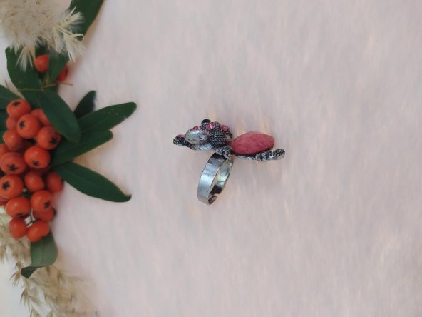 Gümüş Renk Fare Figürlü Yüzük Pembe Kristalli Ayarlanabilir Çocuk Yüzük - 2