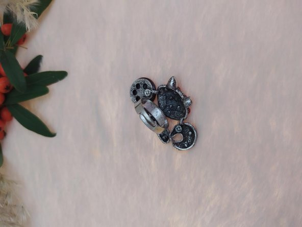 Gümüş Renk Kedi Figürlü Yüzük Kristalli Ayarlanabilir Çocuk Yüzük - Resim 3
