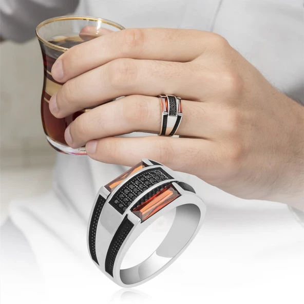 2 Sıra Baget Kırmızı Taşlı Gümüş Erkek Yüzük - Resim 11