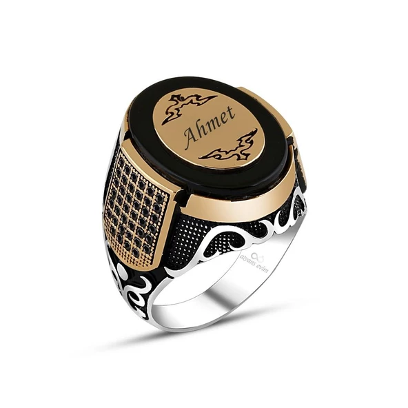 Gümüş Oval Oniks Taşlı Plaka İsimli Erkek Yüzük ürün görseli 1