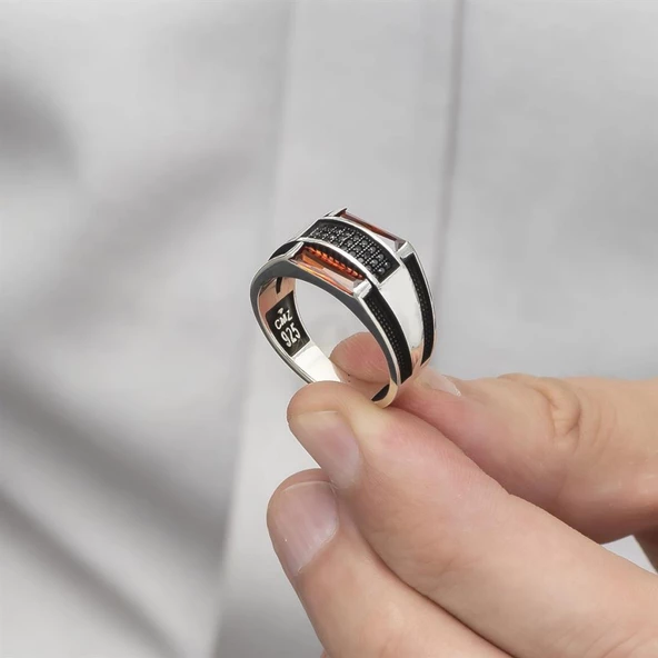 2 Sıra Baget Kırmızı Taşlı Gümüş Erkek Yüzük - Resim 6