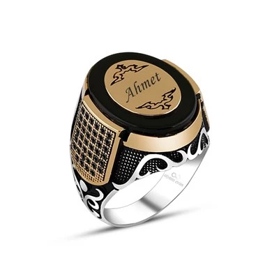 Gümüş Oval Oniks Taşlı Plaka İsimli Erkek Yüzük - Resim 2