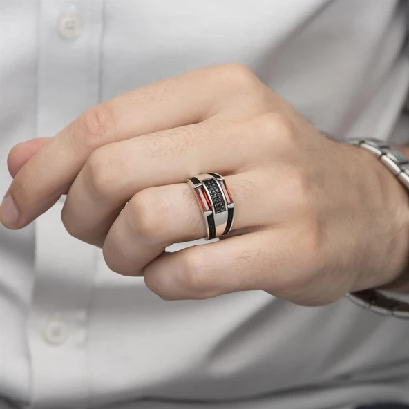 2 Sıra Baget Kırmızı Taşlı Gümüş Erkek Yüzük - Resim 5