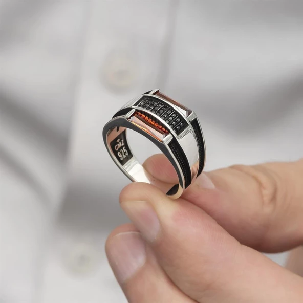 2 Sıra Baget Kırmızı Taşlı Gümüş Erkek Yüzük - Resim 7