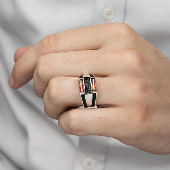 2 Sıra Baget Kırmızı Taşlı Gümüş Erkek Yüzük - Resim 4