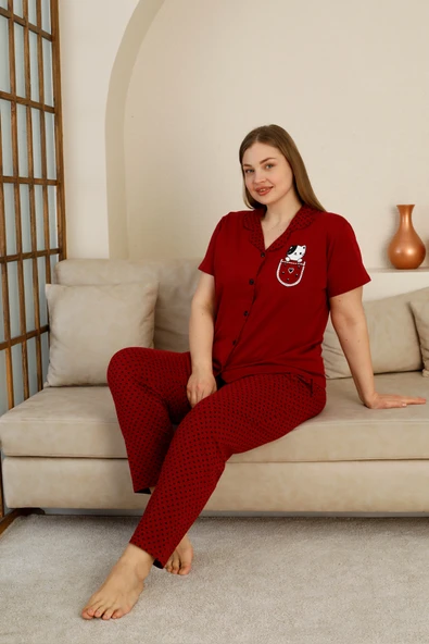 %100 Pamuk Düğmeli Kadın Pijama Takımı – Rahat ve Şık Gömlek Pijama Tasarımı - Geniş Beden Aralığı