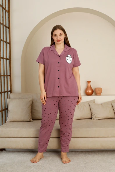 %100 Pamuk Düğmeli Kadın Pijama Takımı – Rahat ve Şık Gömlek Pijama Tasarımı - Geniş Beden Aralığı - 11