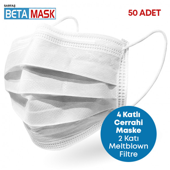 SARFAŞ BETA MASK ÜTS Kayıtlı 4 Katlı Cerrahi Maske 2 Kat Meltblown Filtre 50 Adet Beyaz