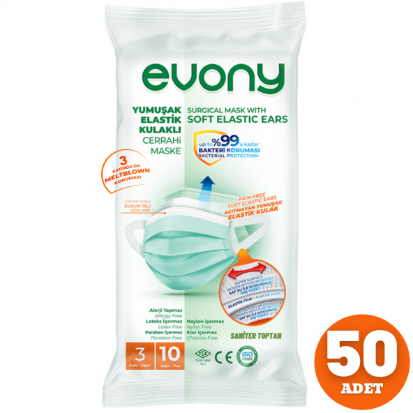 Evony Cerrahi Maske 10 Lu 5 Paket = 50 Adet Hayat Kimya