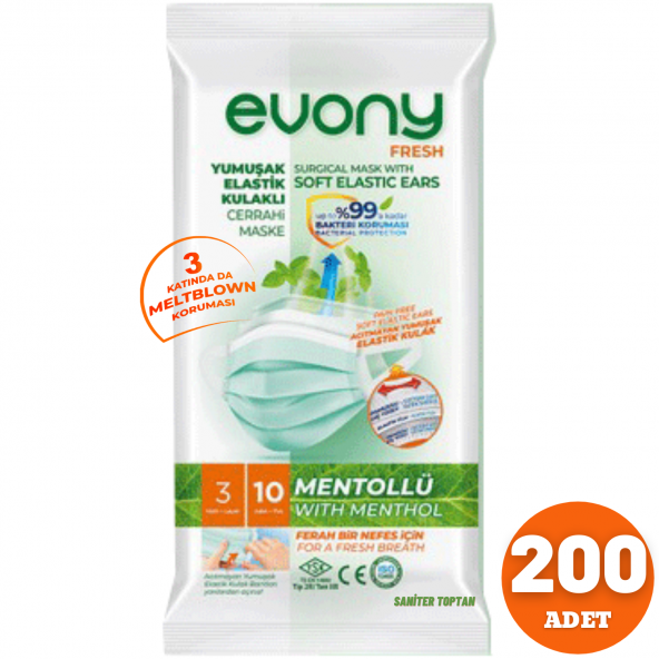 Evony Mentollü Cerrahi Maske 10 Lu 20 Paket = 200 Adet