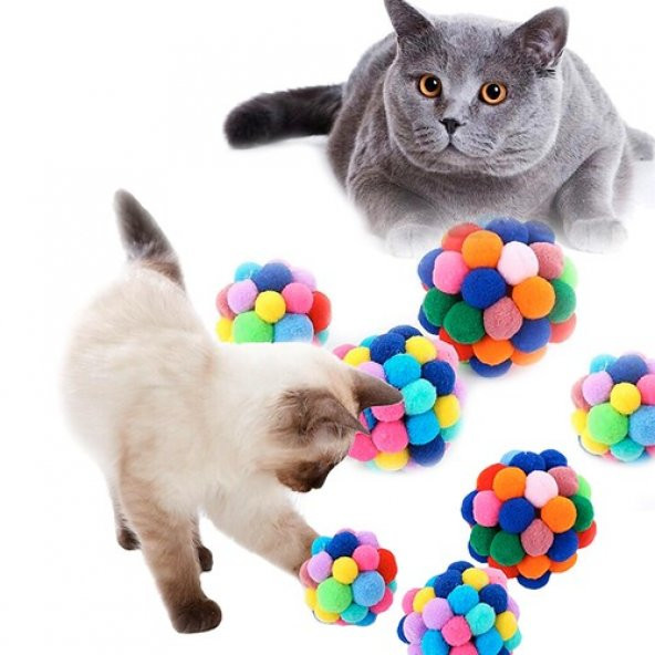 Renkli Ponpon Top Kedi Oyuncagı 7cm