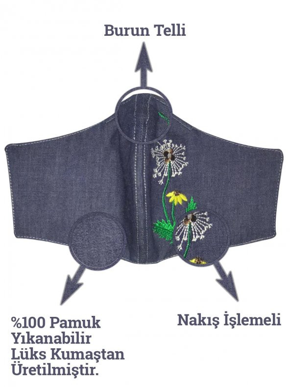 Kot Karahindiba Nakışlı Burun Telli Yıkanabilir Pamuk Bez Maske - 4