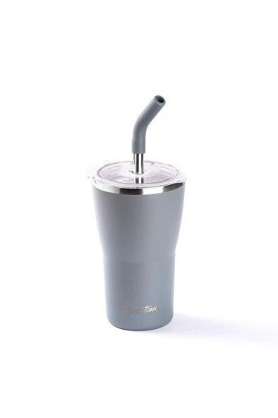 HENG GRİ 2 KAPAKLI ÇİFT KATMANLI PİPETLİ TERMOS BARDAK 410ML - 1