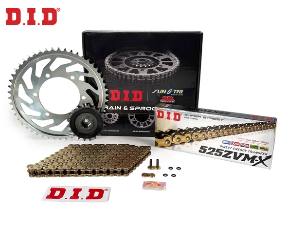 ZİNCİR DİŞLİ SETİ APRILIA TUONO R FACTORY (1000 cc)  (2006-2007) / APRILIA / TUONO R FACTORY / 1000cc / ZİNCİR: DID-525ZVM-X (Gold)-106 / ÖN-ARKA DİŞLİ: JT (16T-40T) / 2006-2007-2008-2009-2010-2011