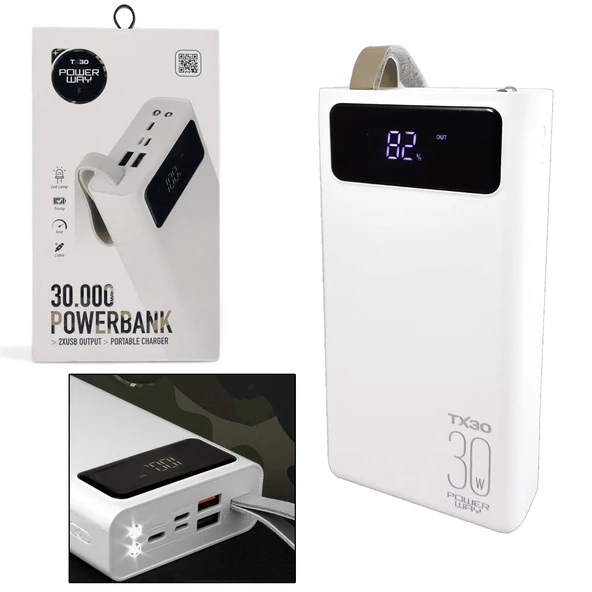 POWERBANK 30000 MAH 2XUSB MICRO IPHONE TYPE-C GİRİŞLİ LCD EKRAN FENERLİ POWERWAY TX-30