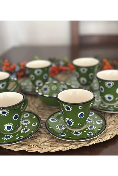Nazar Boncuğu El işlemesi 6 Kişilik Kahve Fincan Seti ve 1 adet Lokumluk - 3