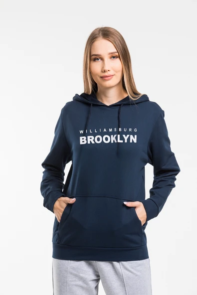 Kadın Kapşonlu Rahat Kalıp İnce Wıllamsburg Brooklyn Baskılı Swetashırt spr24swk123 - 10