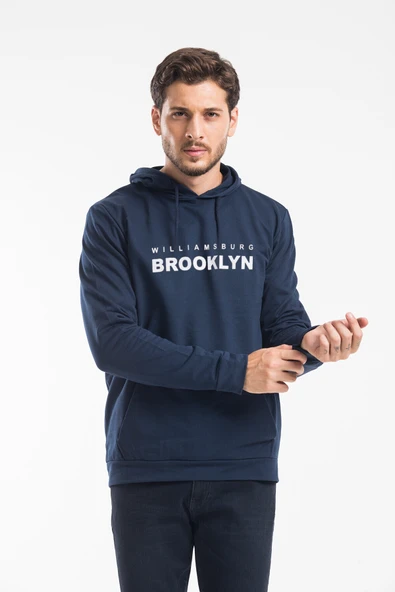 Erkek Kapşonlu Rahat Kalıp İnce Wıllamsburg Brooklyn Baskılı Swetashırt spr24sw123 - Resim 7