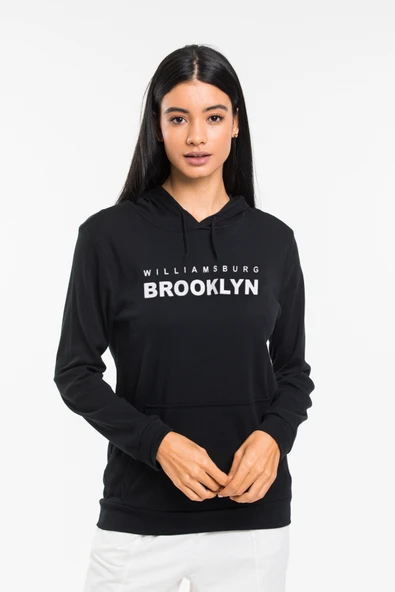 Süperlife Kadın Kapşonlu Rahat Kalıp İnce Wıllamsburg Brooklyn Baskılı Swetashırt spr24swk123