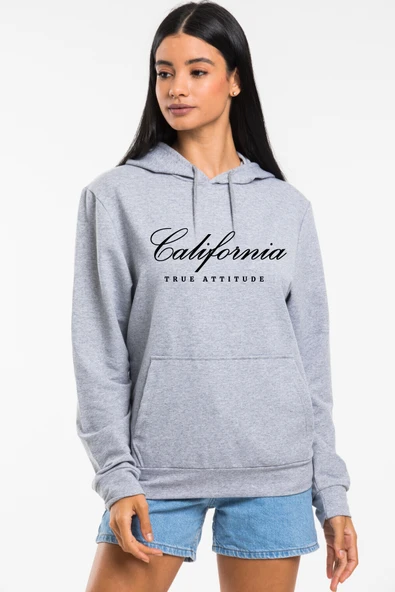Kadın Kapşonlu Rahat Kalıp İnce El Yazılı Californıa Baskılı Swetashırt spr24swk121 - Resim 4