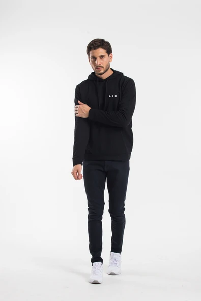 Erkek Kapşonlu Rahat Kalıp İnce AR Baskılı Swetashırt spr24sw122 - Resim 5