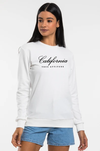 Süperlife Kadın Bisiklet Yaka Regular Kalıp İnce Californıa  Baskılı Sweatshırt SPR24SWK125 - 6