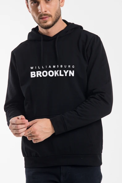 Erkek Kapşonlu Rahat Kalıp İnce Wıllamsburg Brooklyn Baskılı Swetashırt spr24sw123 - Resim 2