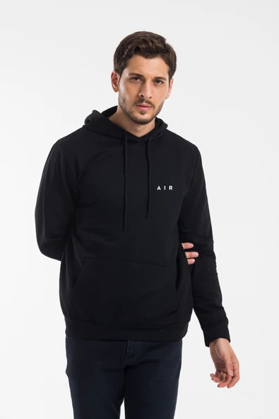 Erkek Kapşonlu Rahat Kalıp İnce AR Baskılı Swetashırt spr24sw122 - Resim 6