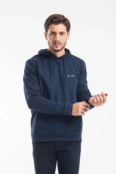 Erkek Kapşonlu Rahat Kalıp İnce AR Baskılı Swetashırt spr24sw122 - Resim 10