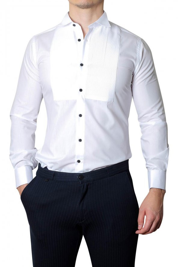 İlhan Işık Erkek Pileli Ata Yaka Saten Slim Fit Smokin Gömleği - 1