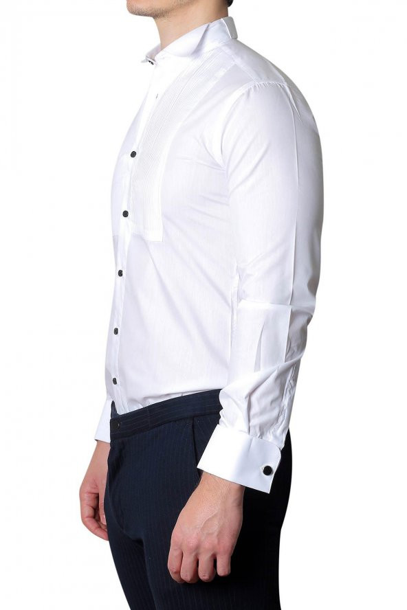 İlhan Işık Erkek Pileli Ata Yaka Saten Slim Fit Smokin Gömleği - 2