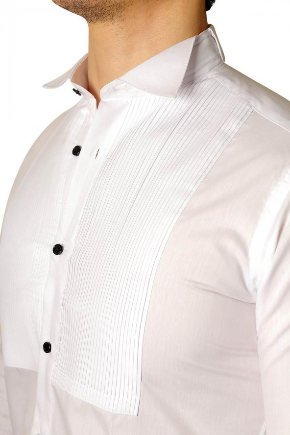 İlhan Işık Erkek Pileli Ata Yaka Saten Slim Fit Smokin Gömleği - 4